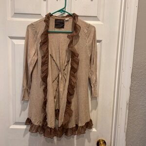 Guinevere Cardigan‎ Brown Striped Ruffle Trim Striped Open Front Sweater Large